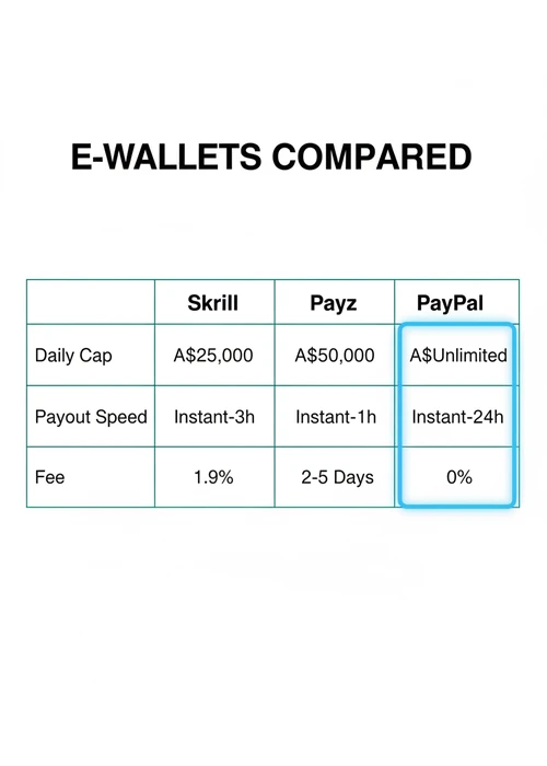 Digital wallet interface showing various e-wallet logos and a high RTP casino icon, with Australian currency symbols.